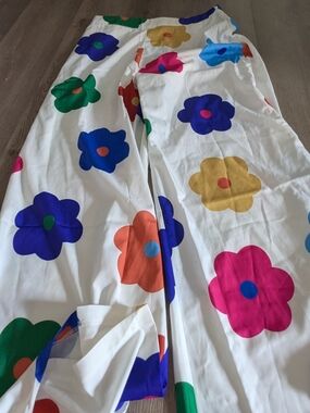 White Floral Wide-Leg Pants with Bold Multicolor Flowers